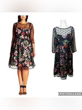 City Chic Plus Size 16W Black Floral Printed Illusion-Overlay Fit & Flare Dress